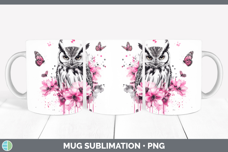Animals Pink Drips Owl Mug Wrap Sublimation Coffee Cup Desig