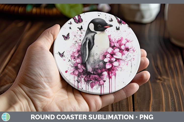 Animals Pink Drips Penguin Round Coaster Sublimation Coaster