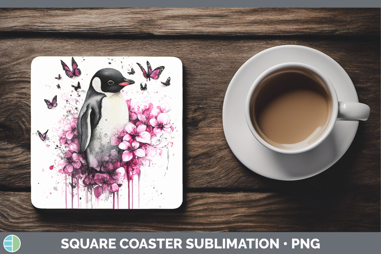Animals Pink Drips Penguin Square Coaster Sublimation Coaste