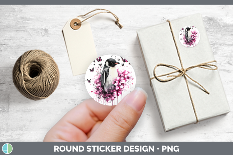 Animals Pink Drips Penguin Stickers | Round Labels Designs