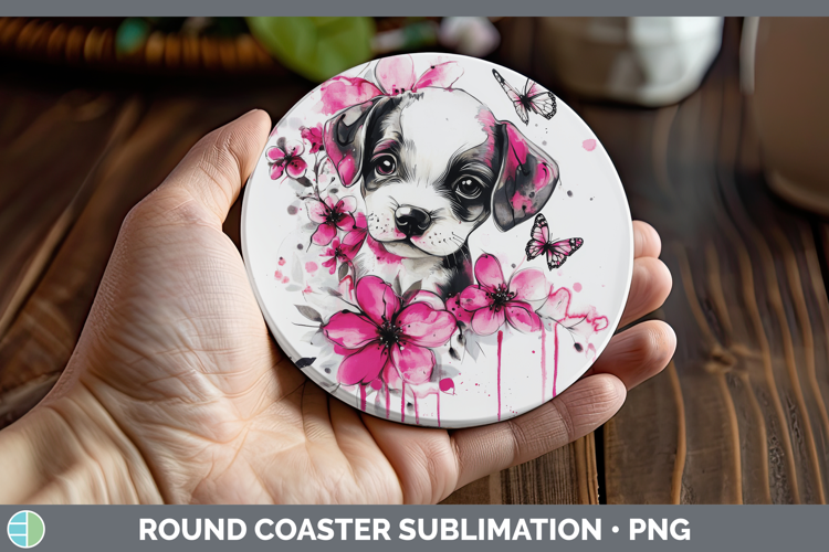 Animals Pink Drips Puppy Round Coaster Sublimation Coaster D