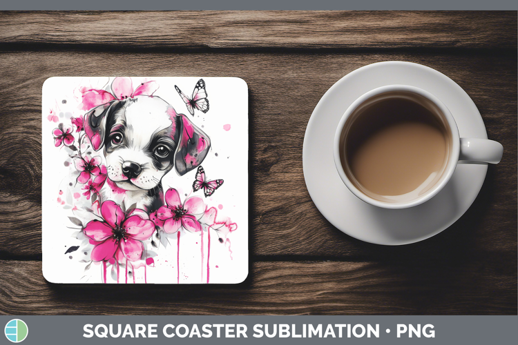Animals Pink Drips Puppy Square Coaster Sublimation Coaster