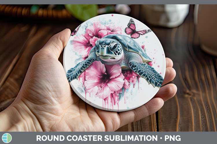 Animals Pink Drips Sea Turtle Round Coaster Sublimation Coas