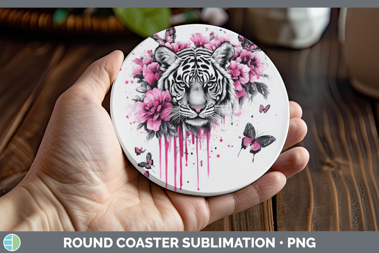 Animals Pink Drips Tiger Round Coaster Sublimation Coaster D