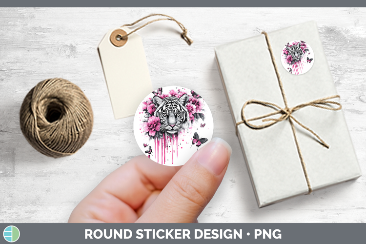 Animals Pink Drips Tiger Stickers | Round Labels Designs
