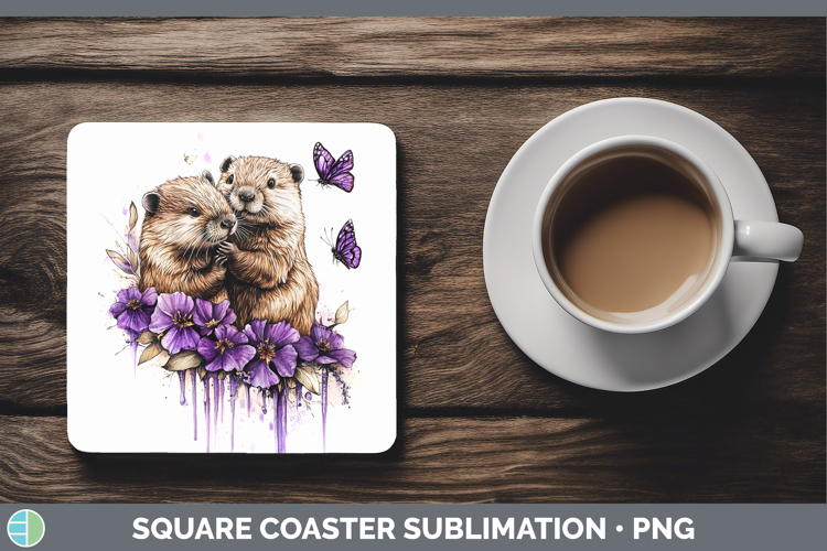 Animals Purple Drips Beaver Square Coaster Sublimation Coast