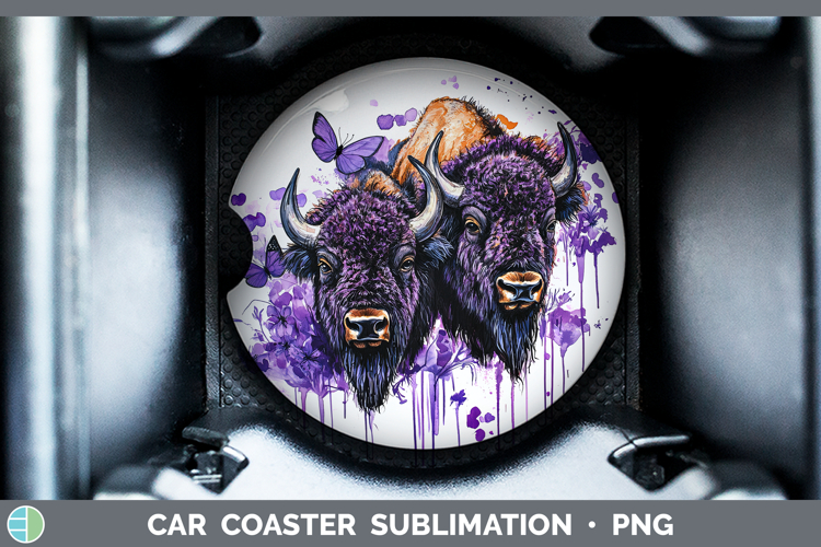 Animals Purple Drips Bison Car Coaster Sublimation Designs