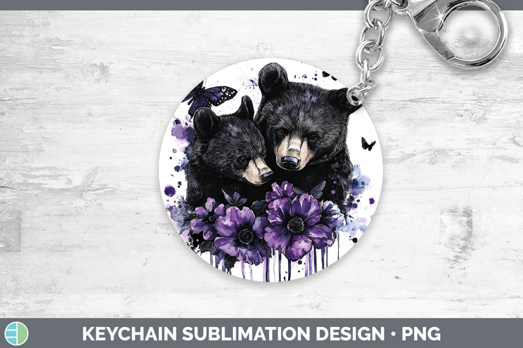 Animals Purple Drips Black Bear Keychain Sublimation Keyring