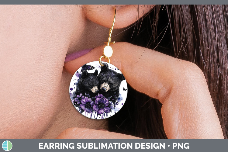 Animals Purple Drips Black Bear Round Earrings Sublimation E