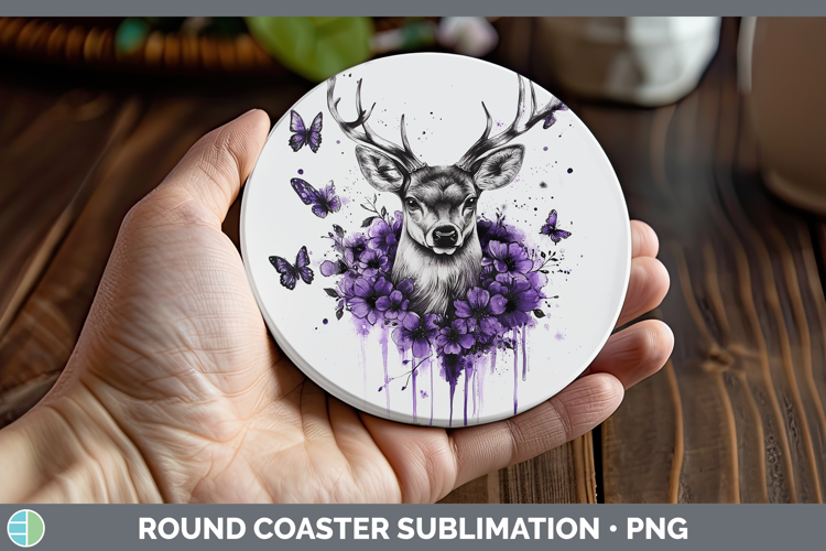 Animals Purple Drips Deer Round Coaster Sublimation Coaster