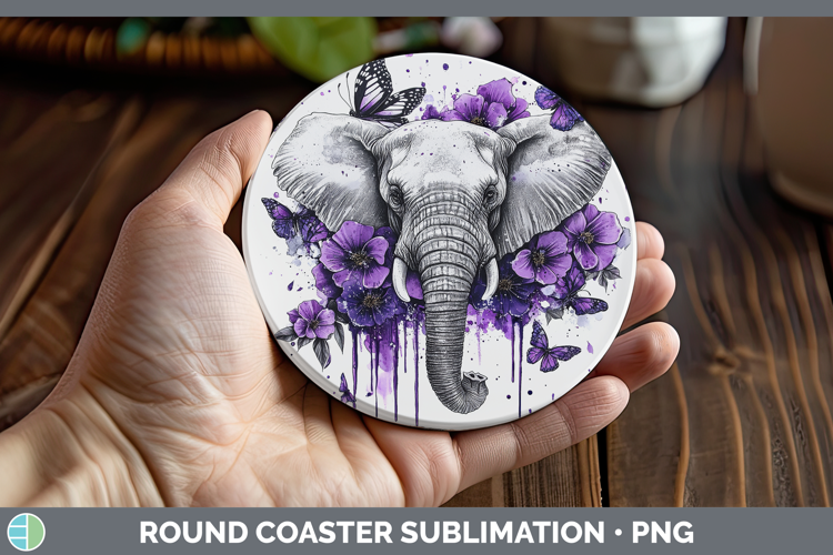 Animals Purple Drips Elephant Round Coaster Sublimation Coas