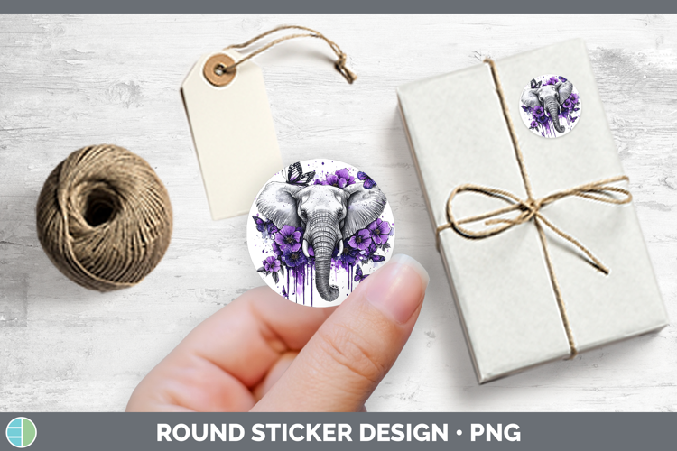 Animals Purple Drips Elephant Stickers | Round Labels Design