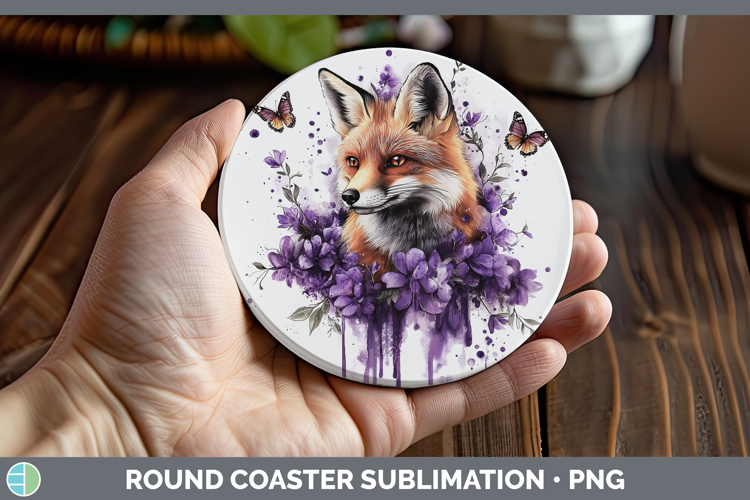Animals Purple Drips Fox Round Coaster Sublimation Coaster D