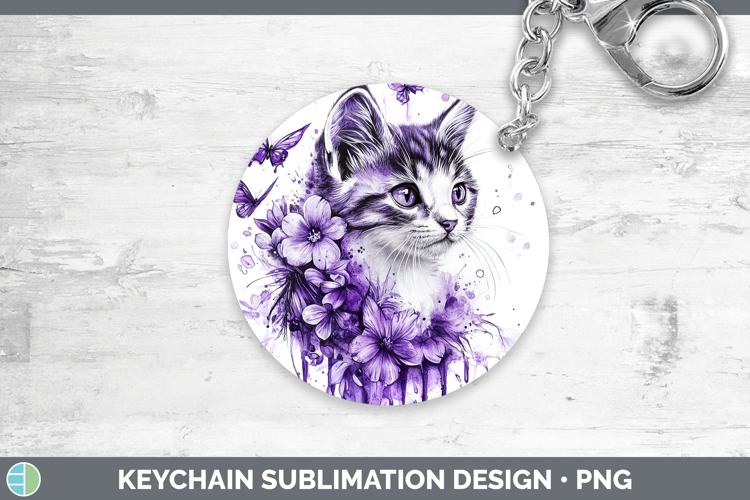 Animals Purple Drips Kitten Keychain Sublimation Keyring Des