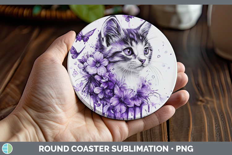 Animals Purple Drips Kitten Round Coaster Sublimation Coaste