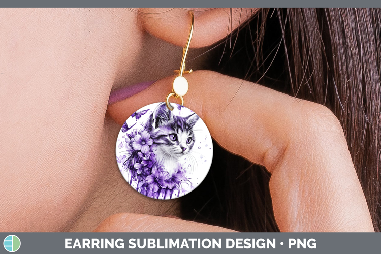Animals Purple Drips Kitten Round Earrings Sublimation Earri