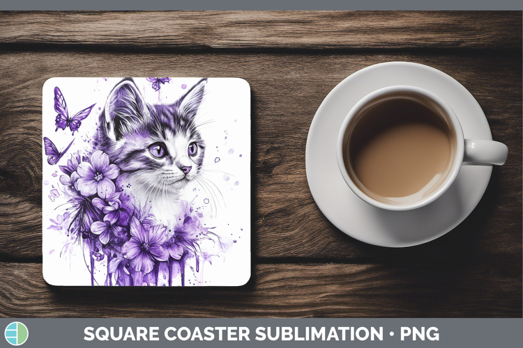 Animals Purple Drips Kitten Square Coaster Sublimation Coast