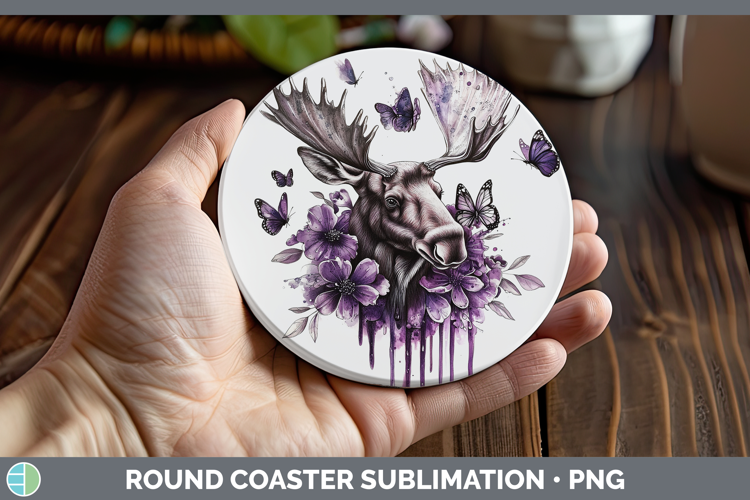 Animals Purple Drips Moose Round Coaster Sublimation Coaster