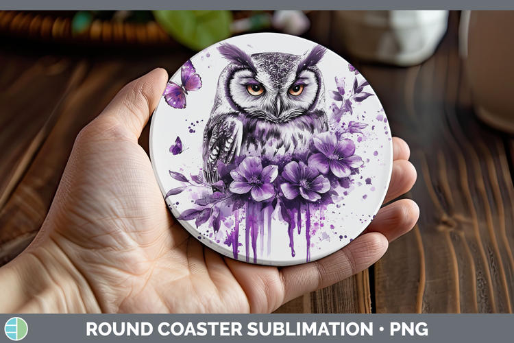 Animals Purple Drips Owl Round Coaster Sublimation Coaster D