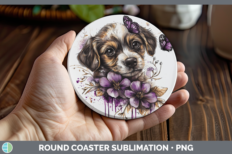 Animals Purple Drips Puppy Round Coaster Sublimation Coaster