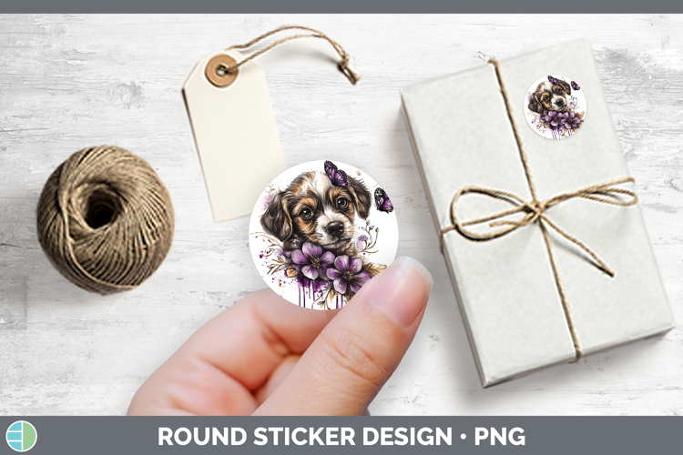 Animals Purple Drips Puppy Stickers | Round Labels Designs
