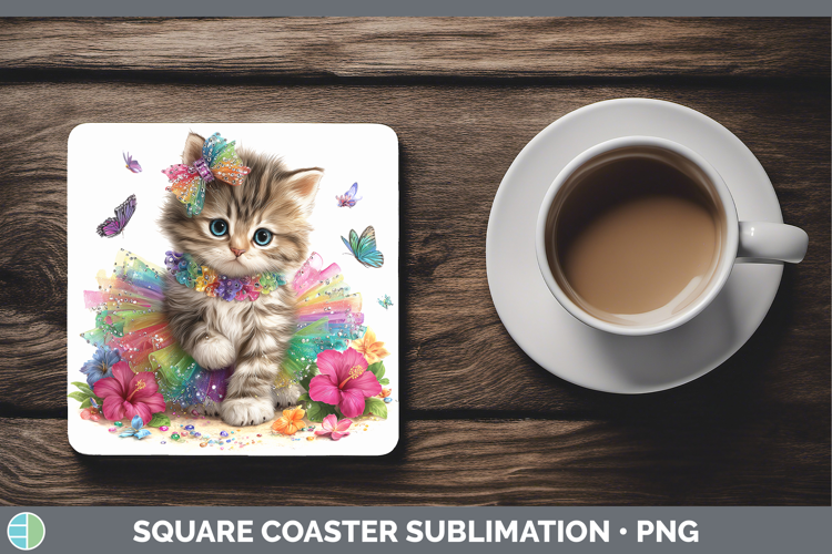 Animals Rainbow Summer Kitten Square Coaster Sublimation Coa