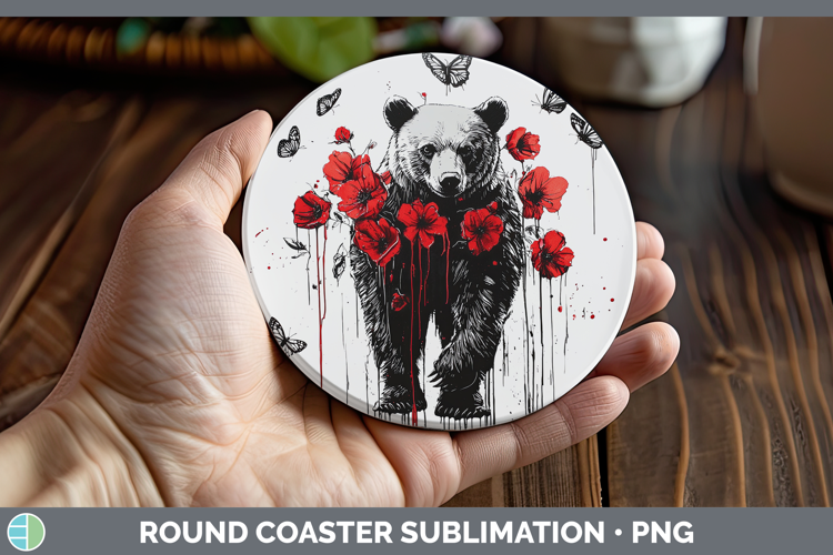 Bear Animals Red Drips Round Coaster Sublimation Design