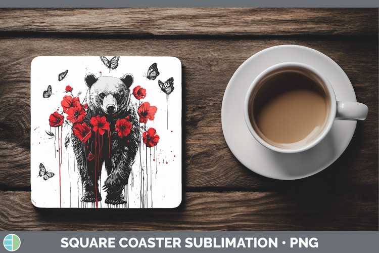Bear Animals Red Drips Square Coaster Sublimation Design