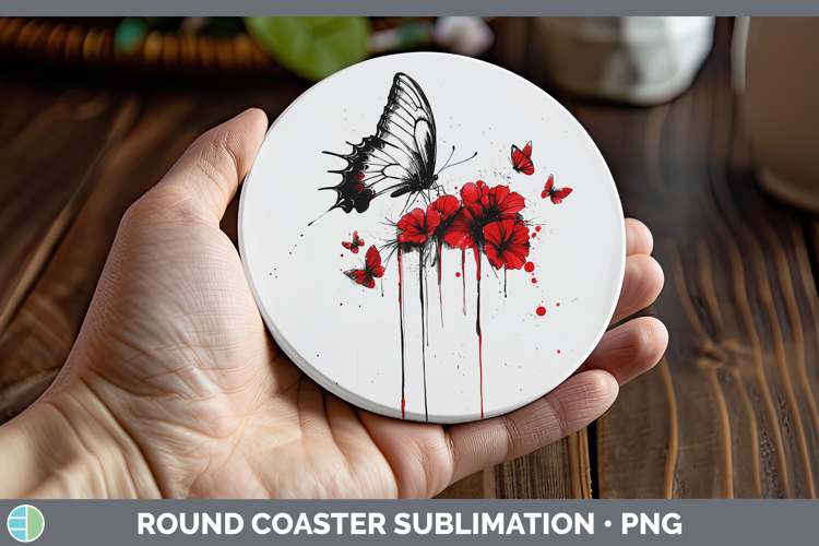 Butterfly Animals Red Drips Round Coaster Sublimation Design