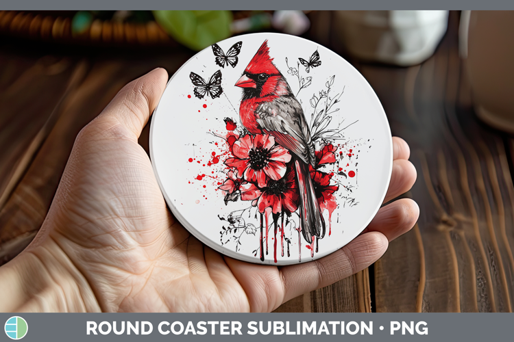 Cardinal Animals Red Drips Round Coaster Sublimation Design