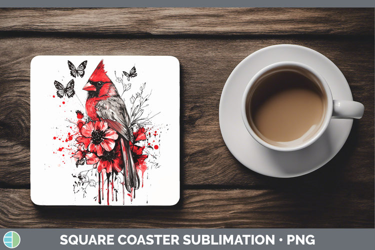 Cardinal Animals Red Drips Square Coaster Sublimation Design