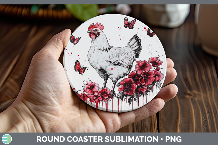 Chicken Animals Red Drips Round Coaster Sublimation Design