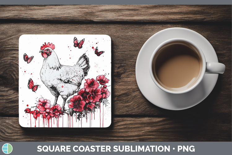 Chicken Animals Red Drips Square Coaster Sublimation Design