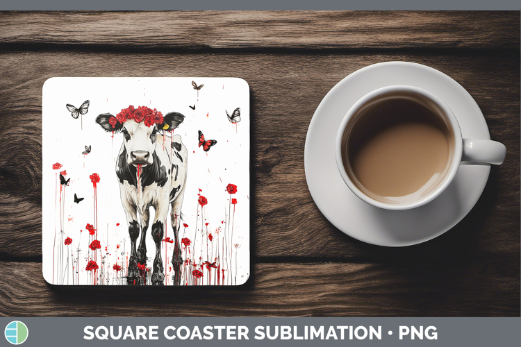 Cow Animals Red Drips Square Coaster Sublimation Design