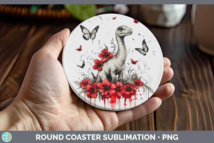 Dinosaur Animals Red Drips Round Coaster Sublimation Design