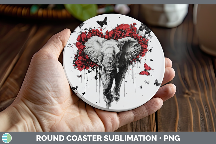 Elephant Animals Red Drips Round Coaster Sublimation Design