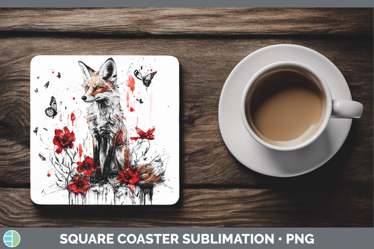 Fox Animals Red Drips Square Coaster Sublimation Design