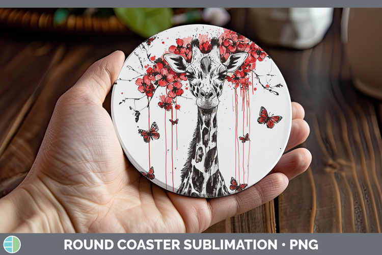 Giraffe Animals Red Drips Round Coaster Sublimation Design