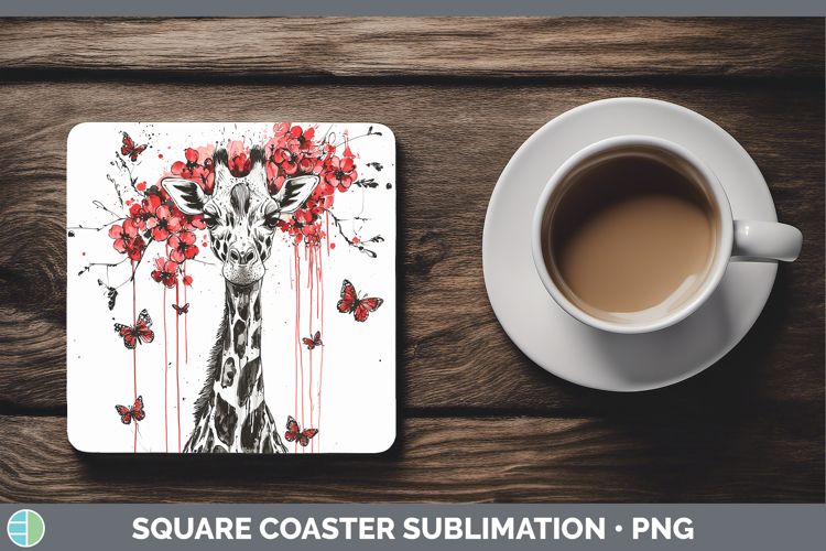 Giraffe Animals Red Drips Square Coaster Sublimation Design
