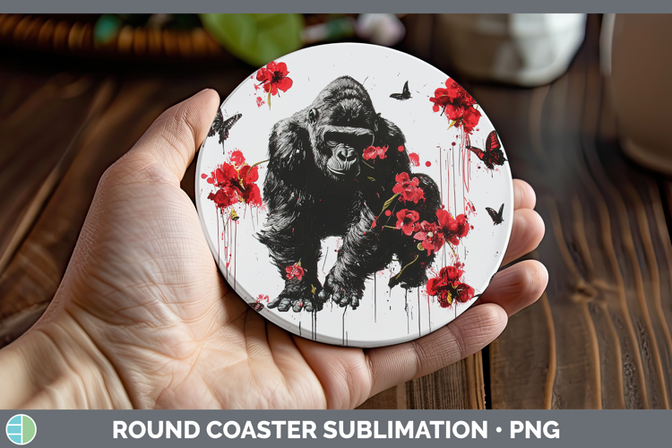 Gorilla Animals Red Drips Round Coaster Sublimation Design