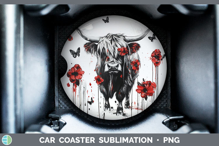 Highland Cow Animals Red Drips Car Coaster Sublimation Desig