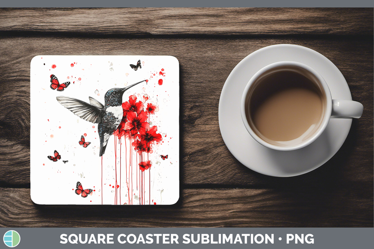 Hummingbird Animals Red Drips Square Coaster Sublimation Des