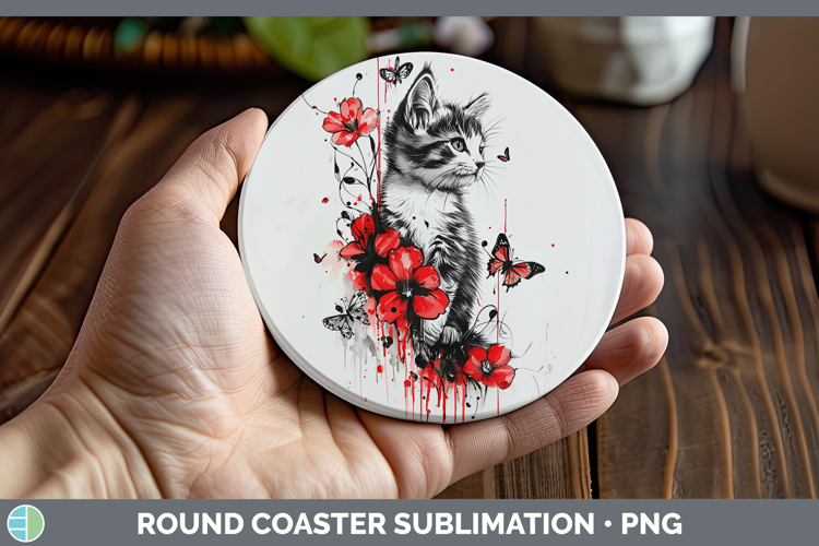 Kitten Animals Red Drips Round Coaster Sublimation Design