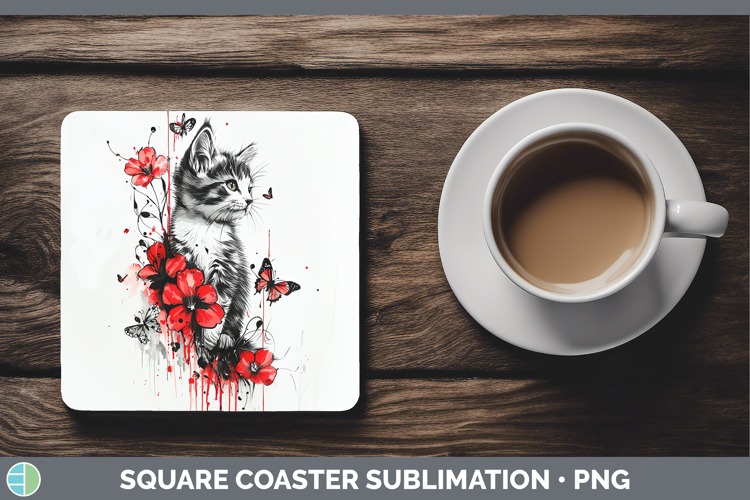 Kitten Animals Red Drips Square Coaster Sublimation Design