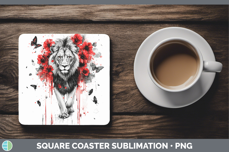 Lion Animals Red Drips Square Coaster Sublimation Design
