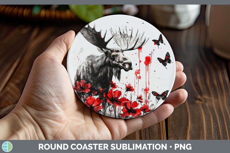 Moose Animals Red Drips Round Coaster Sublimation Design