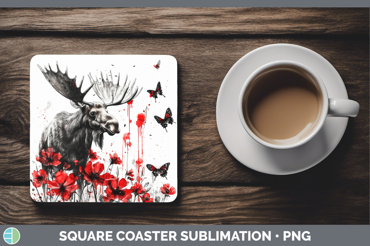 Moose Animals Red Drips Square Coaster Sublimation Design