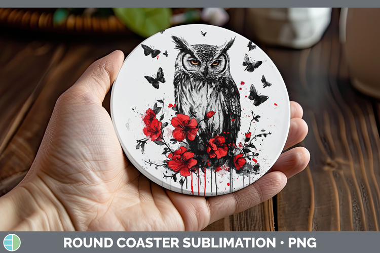 Owl Animals Red Drips Round Coaster Sublimation Design