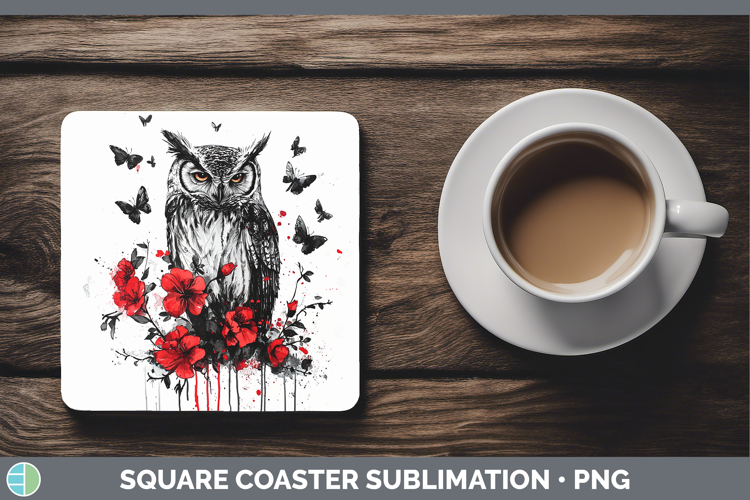 Owl Animals Red Drips Square Coaster Sublimation Design