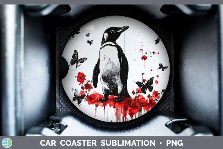 Penguin Animals Red Drips Car Coaster Sublimation Design